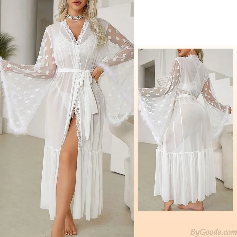 Sexy Love Heart Fluffy Long Sleeve Sheer Mesh See-through Nightie Nightgown Lure Bathrobes Lingerie Nightgown Belt Kimono Womens
