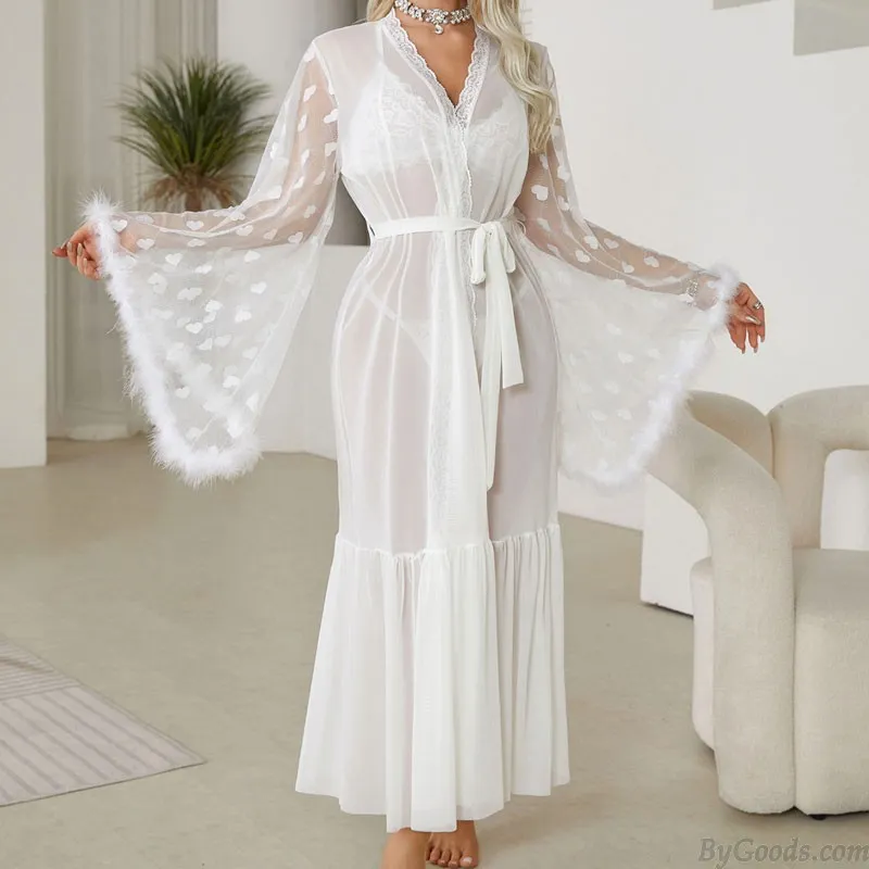 Sexy Love Heart Fluffy Long Sleeve Sheer Mesh See-through Nightie Nightgown Lure Bathrobes Lingerie Nightgown Belt Kimono Womens