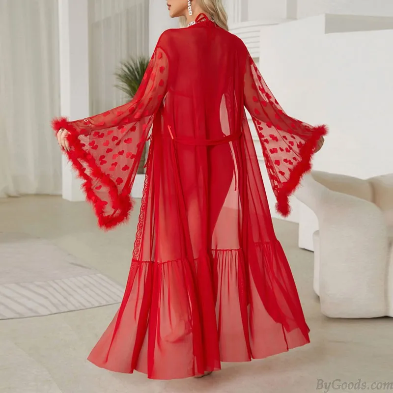 Sexy Love Heart Fluffy Long Sleeve Sheer Mesh See-through Nightie Nightgown Lure Bathrobes Lingerie Nightgown Belt Kimono Womens