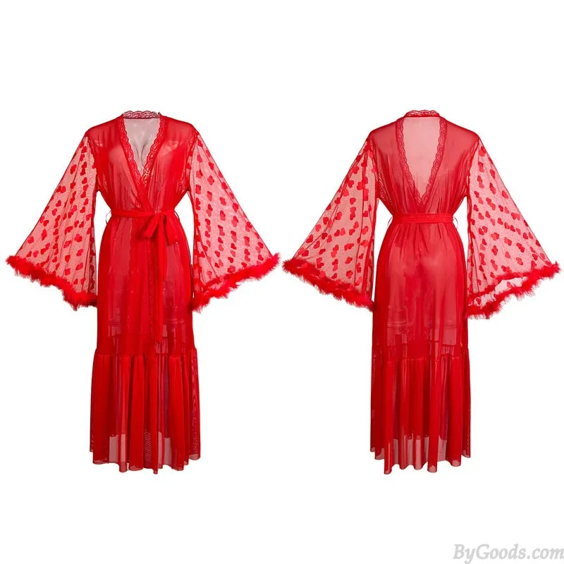 Sexy Love Heart Fluffy Long Sleeve Sheer Mesh See-through Nightie Nightgown Lure Bathrobes Lingerie Nightgown Belt Kimono Womens