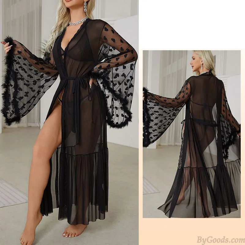 Sexy Love Heart Fluffy Long Sleeve Sheer Mesh See-through Nightie Nightgown Lure Bathrobes Lingerie Nightgown Belt Kimono Womens