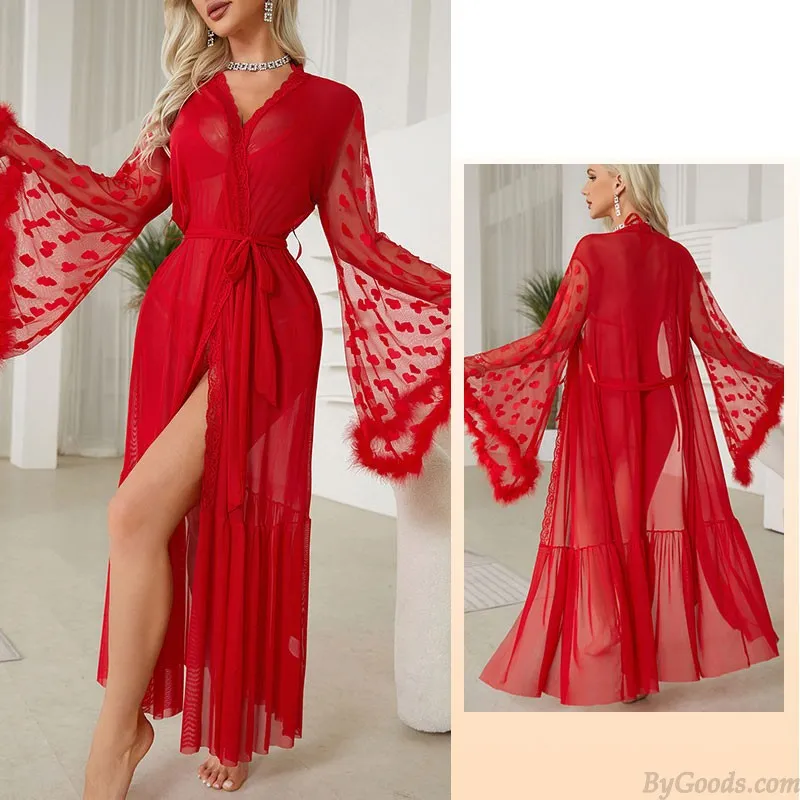 Sexy Love Heart Fluffy Long Sleeve Sheer Mesh See-through Nightie Nightgown Lure Bathrobes Lingerie Nightgown Belt Kimono Womens