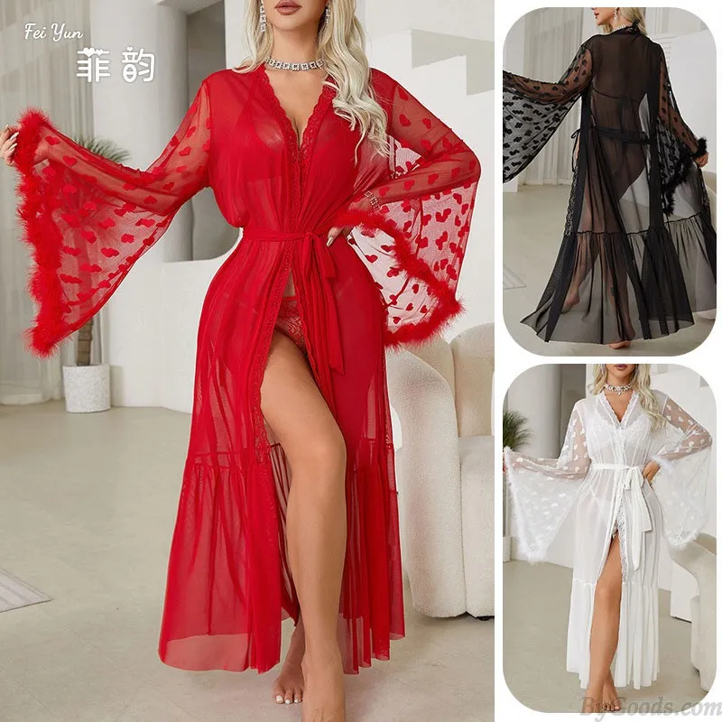 Sexy Love Heart Fluffy Long Sleeve Sheer Mesh See-through Nightie Nightgown Lure Bathrobes Lingerie Nightgown Belt Kimono Womens
